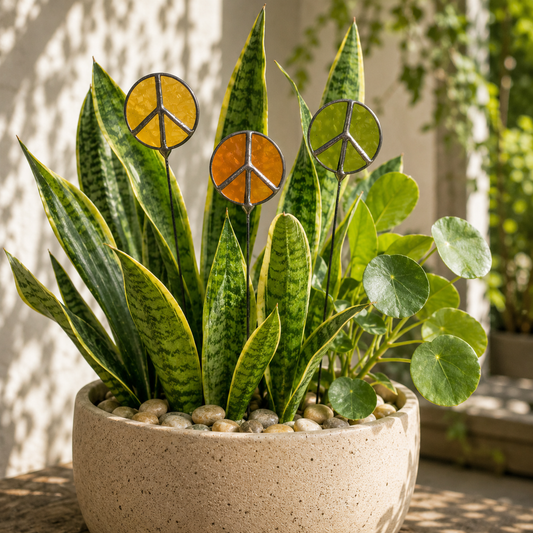 Glass Peace Sign Plant Stakes – Handmade Stained Glass Garden Decor - Samara Designs Studio