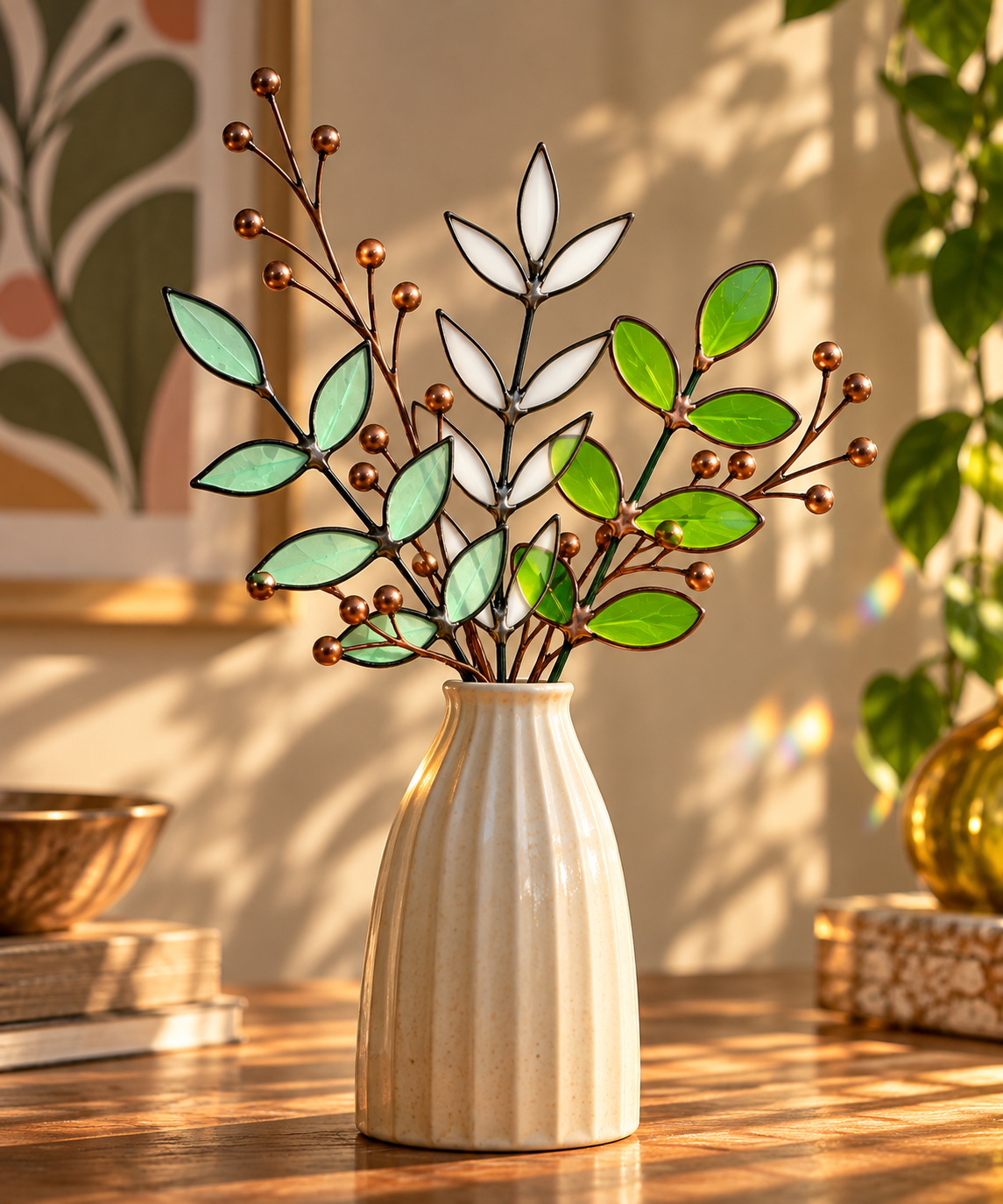 Stained Glass Botanical Arrangement | Handmade Glass Greenery & Copper Berry Sprigs