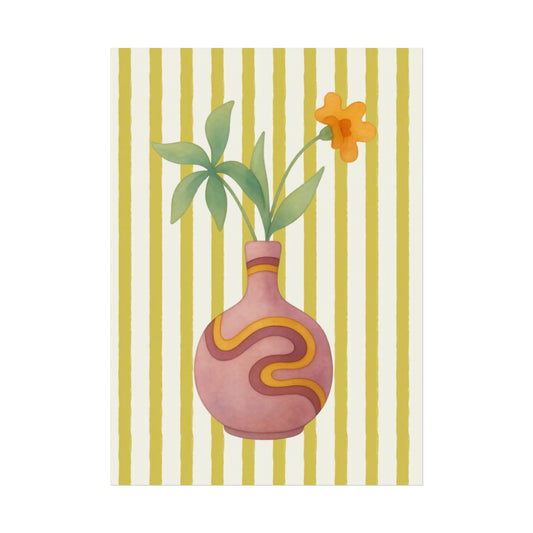 Decorative art print with a pink vase and plant design on a striped background