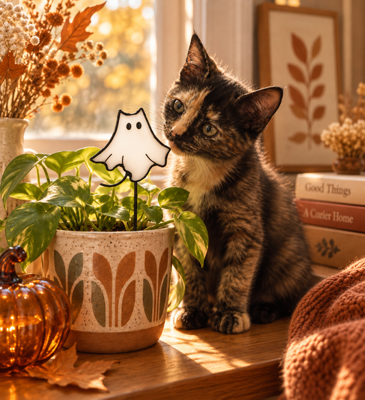 A small black-and-white ghost-shaped garden stake stands in a potted green plant on a wooden windowsill, with a tortoiseshell kitten sitting beside it in a warm autumn setting.
