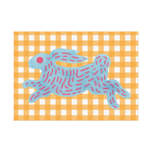 Blue rabbit on a yellow and white checkered background