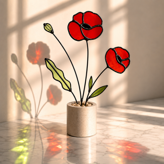 Red Poppy Stained Glass Stem – Handmade Botanical Art - Samara Designs Studio