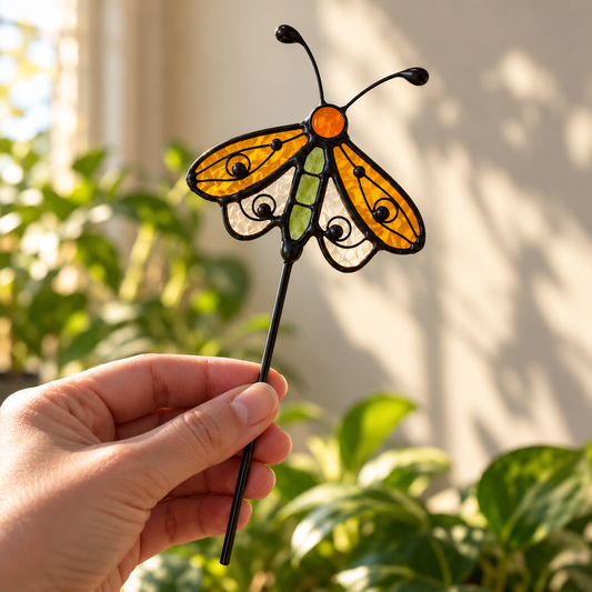 Stained Glass Moth Plant Stake | Whimsical Houseplant Decor - Samara Designs Studio