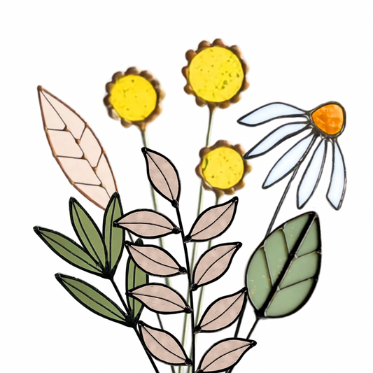 Stained Glass Floral Arrangement with Billy Buttons & White Coneflower - Samara Designs Studio