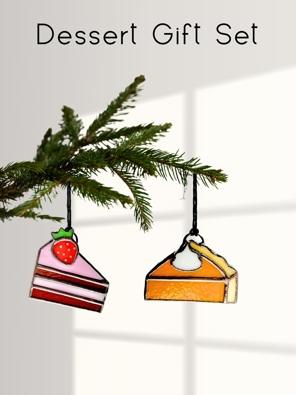 Stained Glass Dessert Gift Set – Strawberry Cake & Pumpkin Pie Ornaments, Thanksgiving Hostess Gift