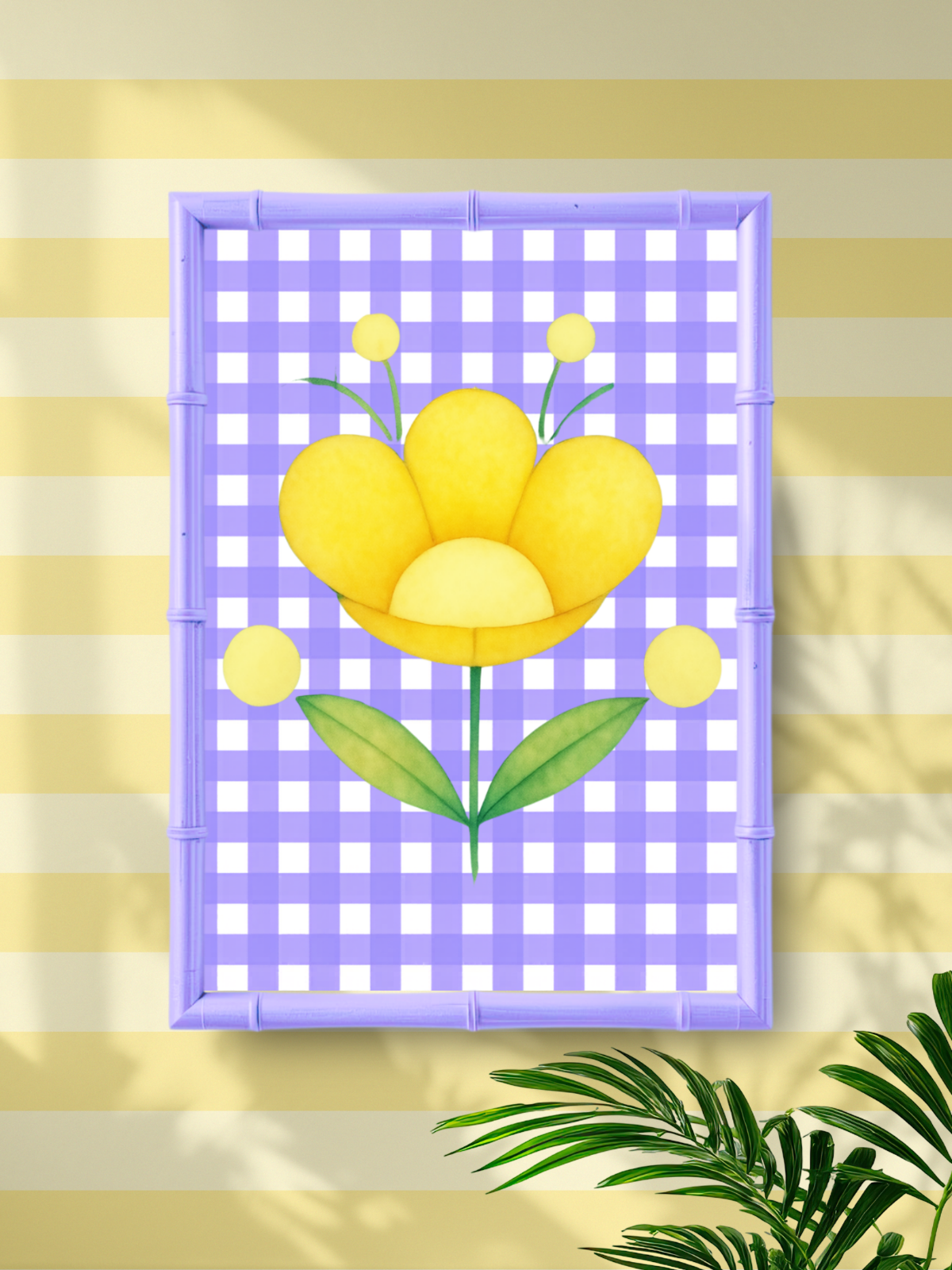 Yellow flower with green leaves on a purple checkered background