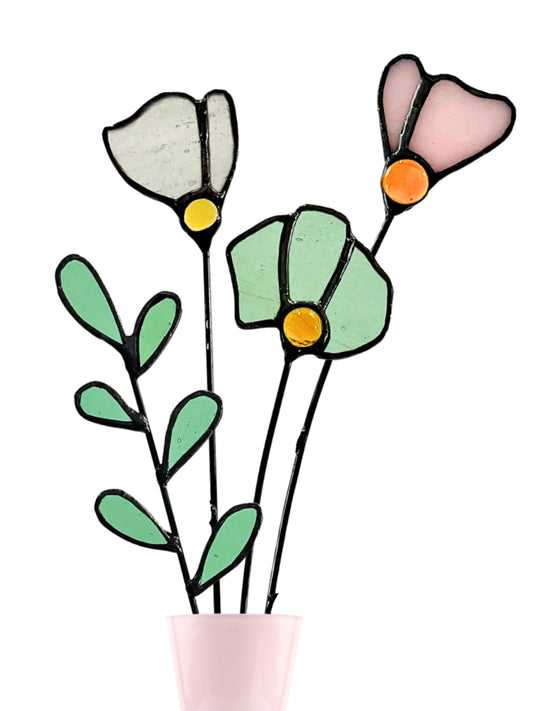 Handmade Stained Glass Wildflower Arrangement –Pastel Pink & Soft Green - Samara Designs Studio
