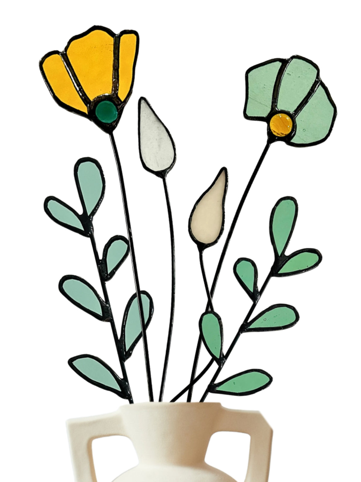 Handmade Stained Glass Wildflower Arrangement – Amber & Sage Green