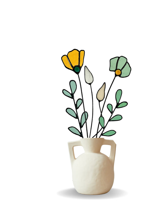 Handmade Stained Glass Wildflower Arrangement – Amber & Sage Green