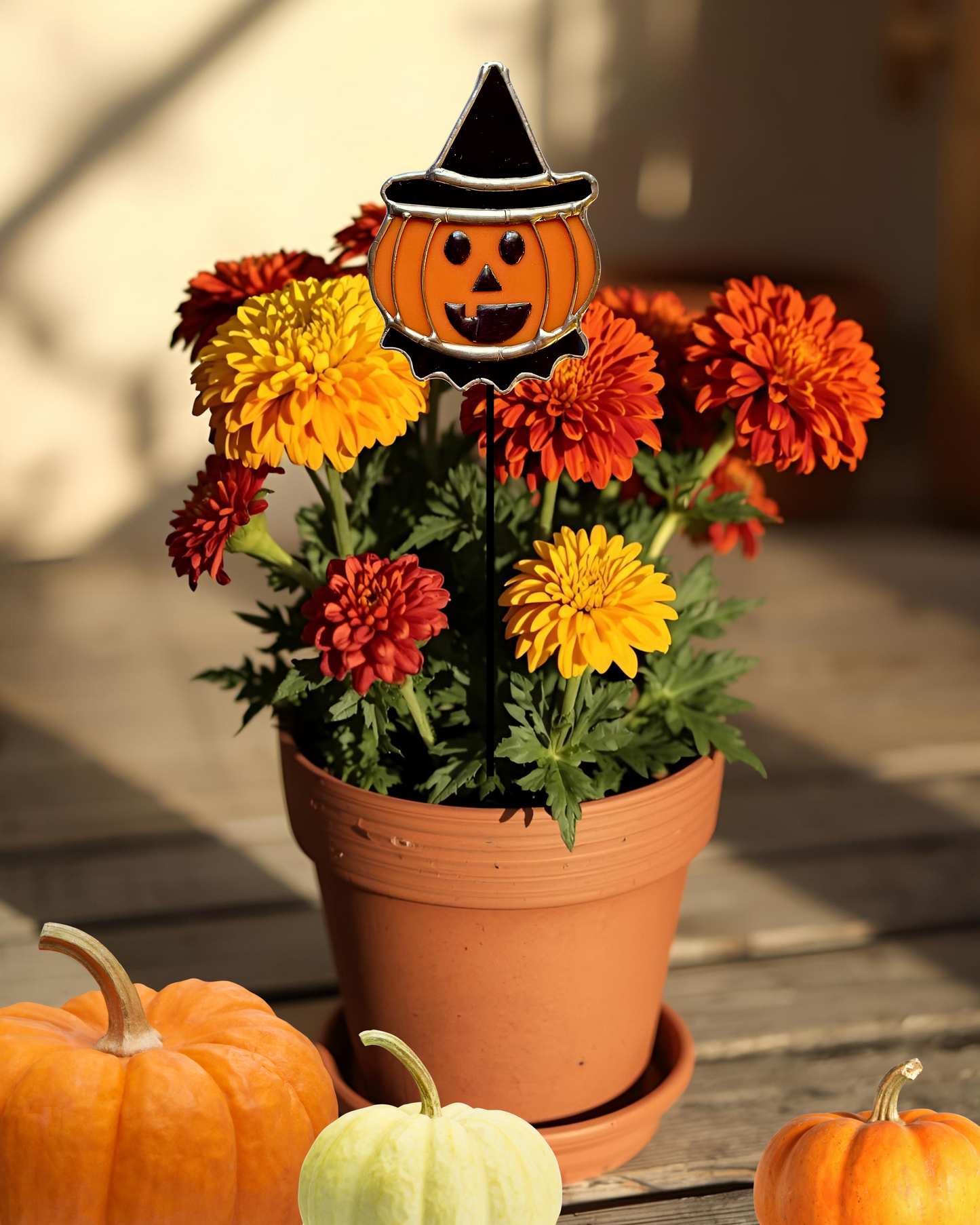Halloween Stained Glass Vintage Pumpkin Plant Stake
