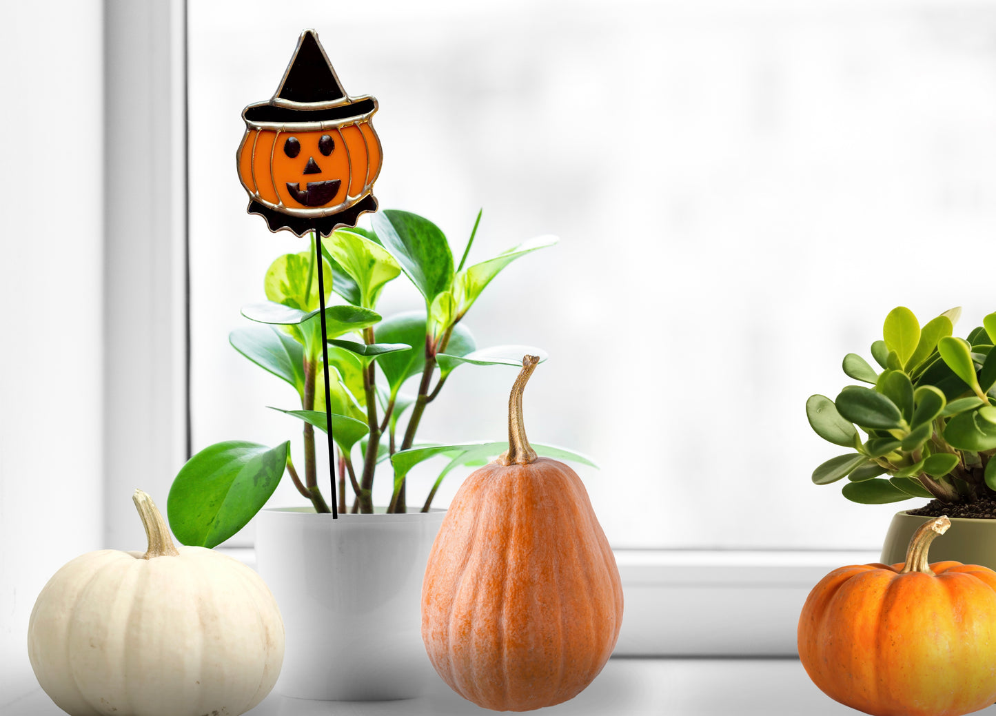 Halloween Stained Glass Vintage Pumpkin Plant Stake