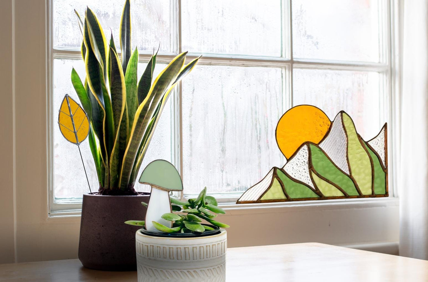 Summer Mountain Scape Stained Glass Corner Panel
