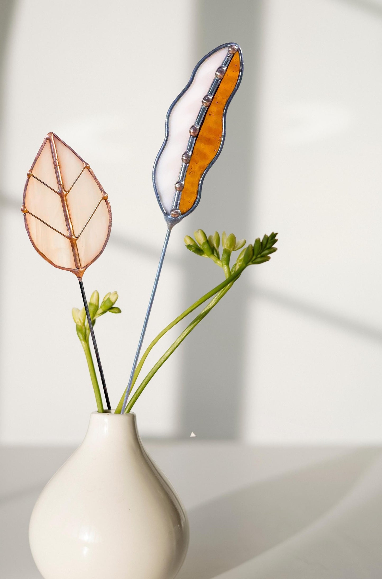 Peachy Pink Glass Leaf Plant Stake