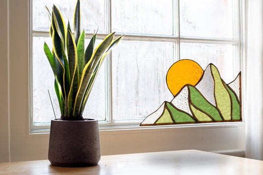 Summer Mountain Scape Stained Glass Corner Panel - Samara Designs Studio