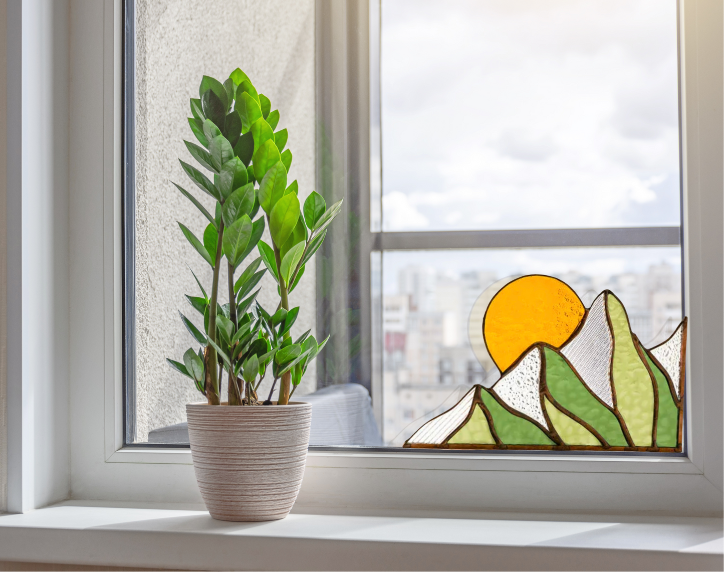 Summer Mountain Scape Stained Glass Corner Panel - Samara Designs Studio