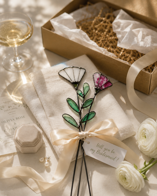 Two handmade stained glass flowers in white and pink tied with a cream ribbon beside a “Will you be my bridesmaid?” card, gift box, wedding invitation, ring box, pearl earrings, and white flowers.