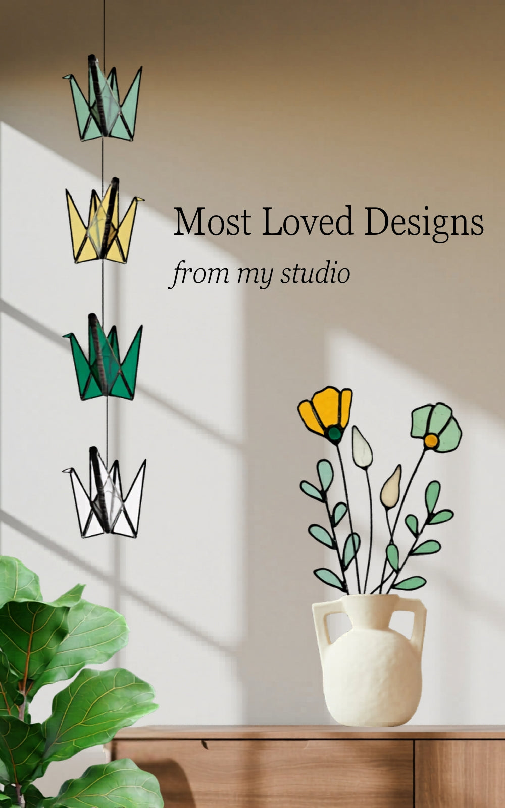 Stained glass crane mobile and floral stems in sunlit home, best selling handmade glass decor