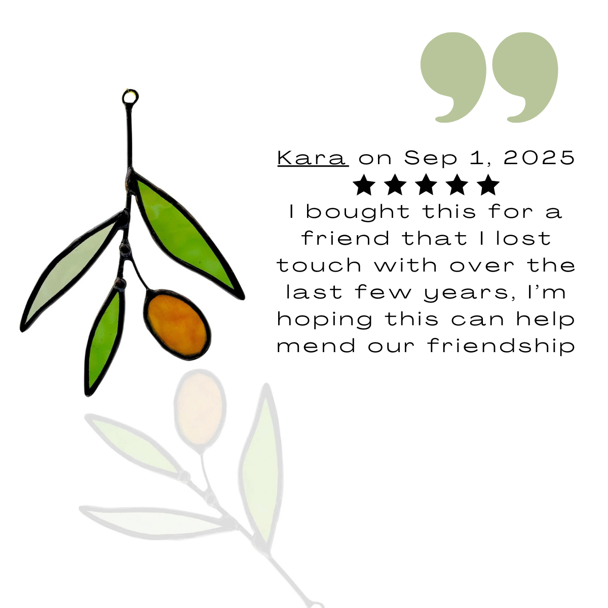 Small stained glass olive branch with green leaves and amber olive.