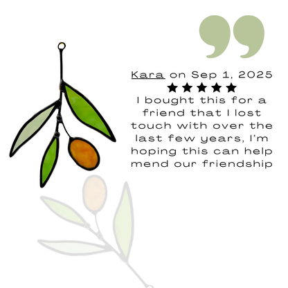 Small stained glass olive branch with green leaves and amber olive.