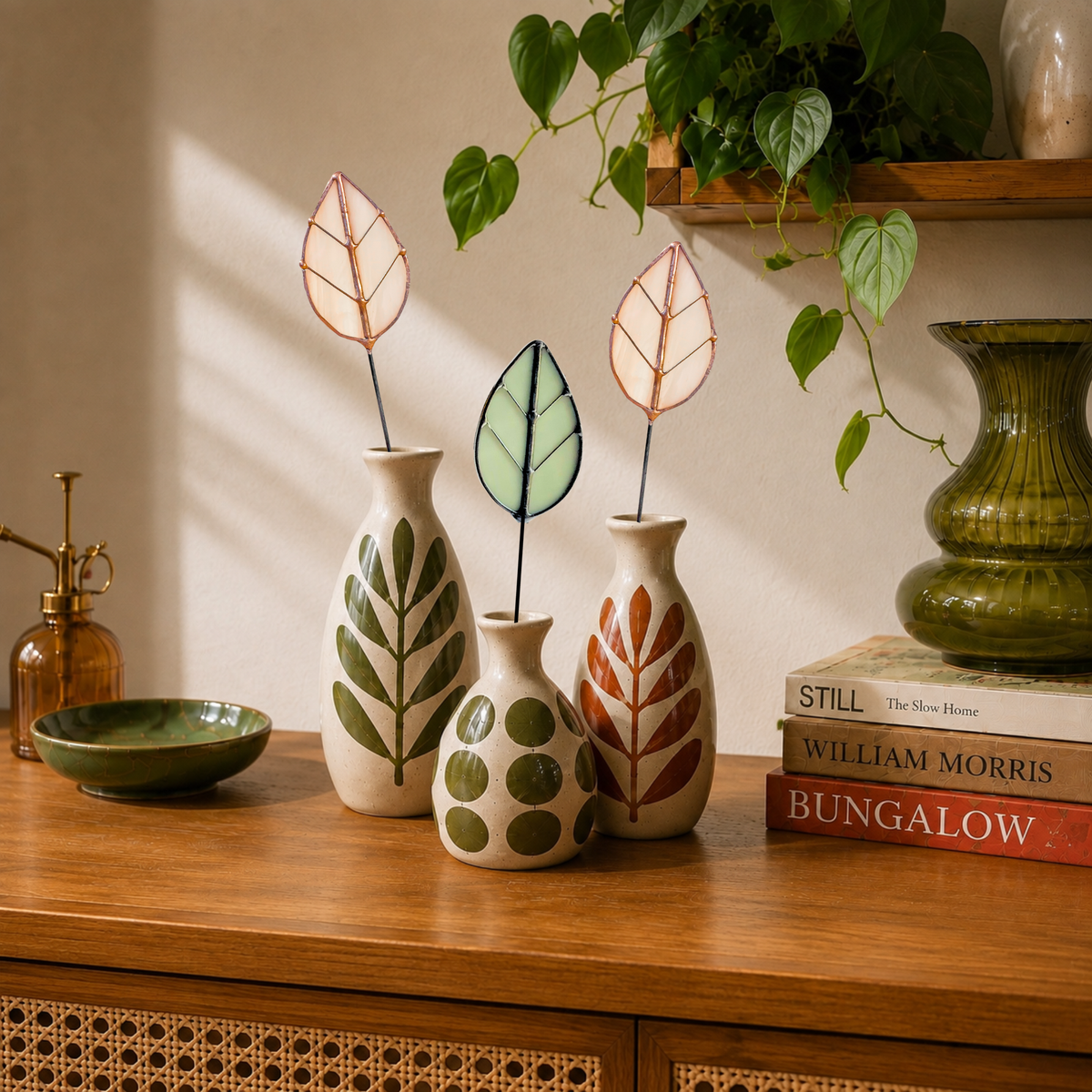 Handmade Stained Glass Leaf Stems & Plant Stakes