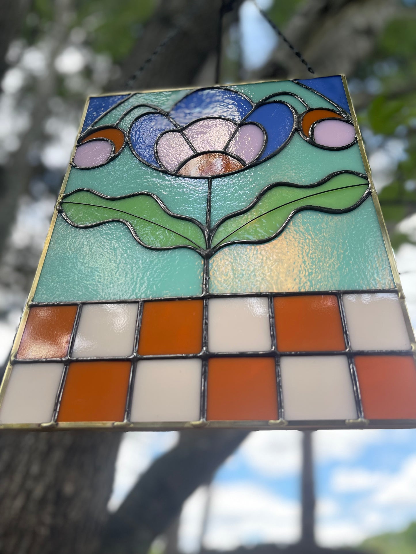 Checker Blossom Folk Art Botanical Stained Glass Panel - Samara Designs Studio