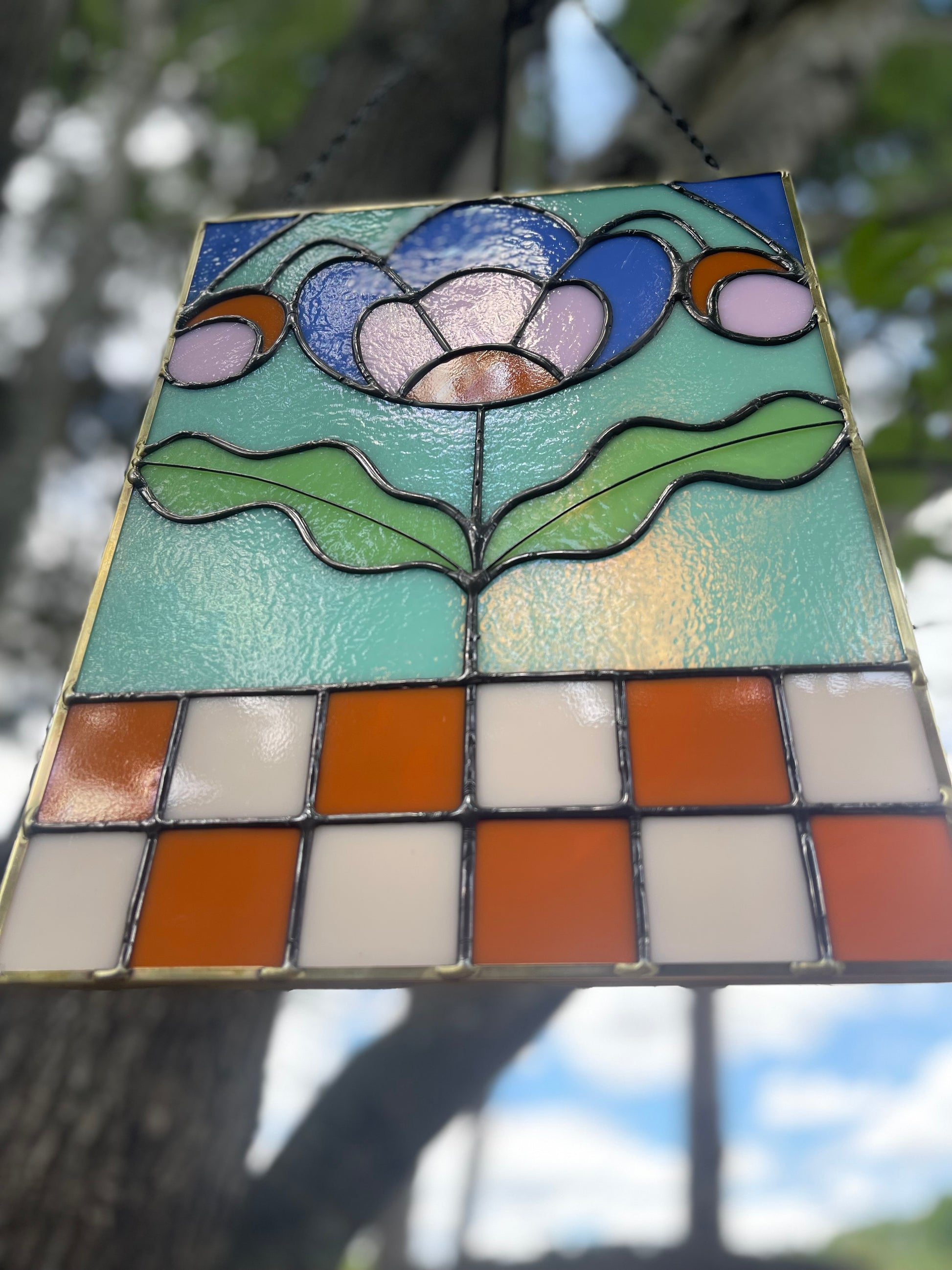 Checker Blossom Folk Art Botanical Stained Glass Panel - Samara Designs Studio