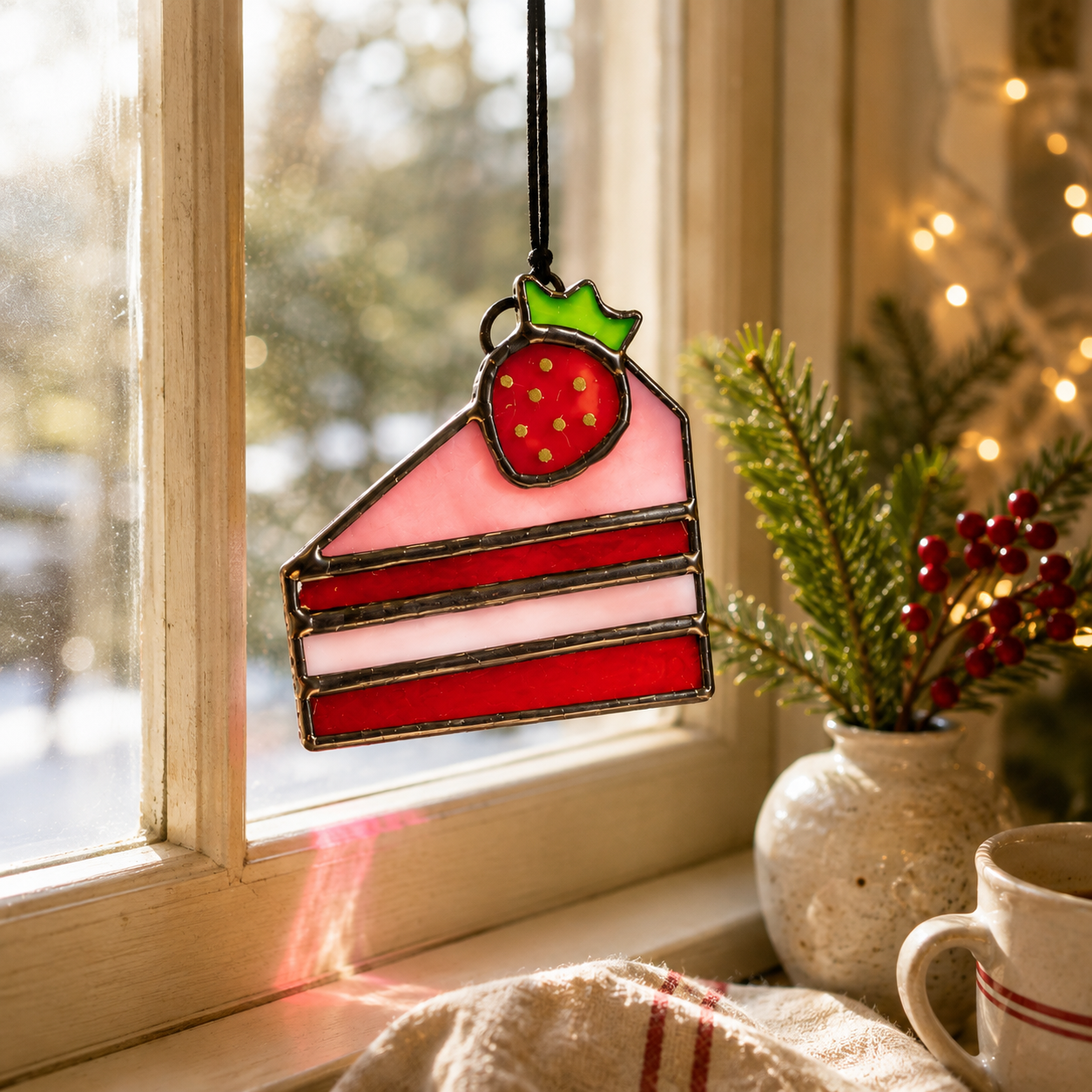 Mini Strawberry Cake Glass Suncatcher