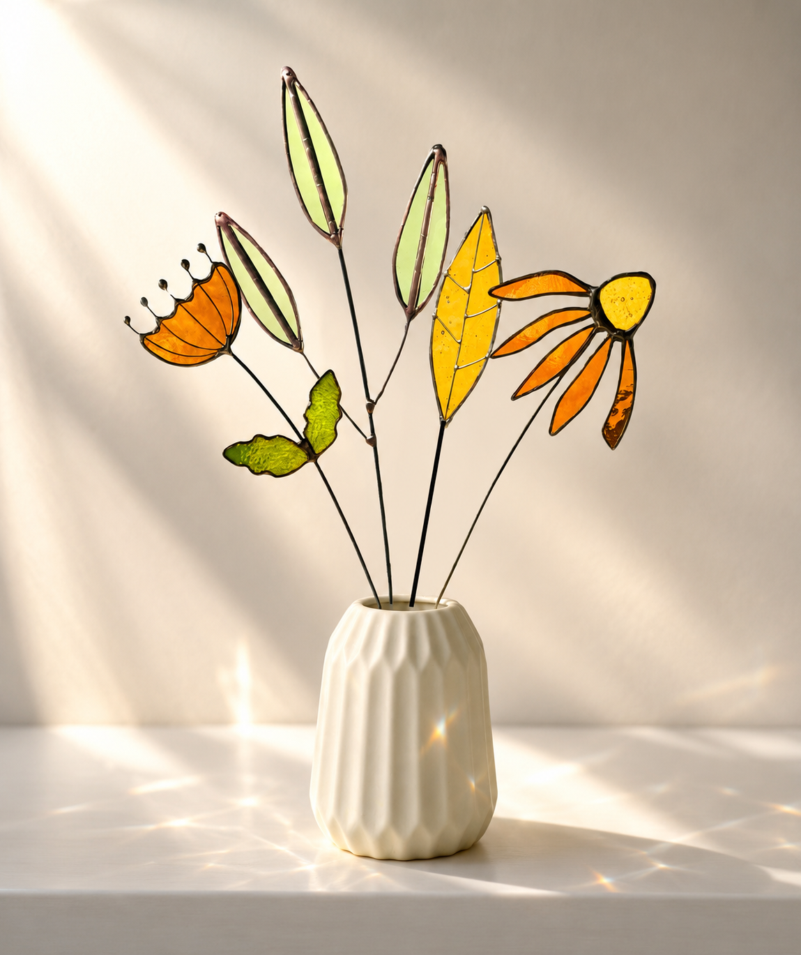Stained Glass Floral Arrangement – Amber Wildflower & Green Leaf Bouquet | Handmade Glass Flower Stems | Botanical Home Decor Gift - Samara Designs Studio