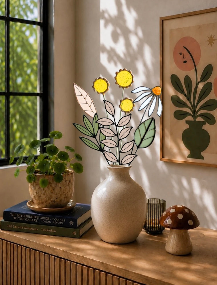 Stained Glass Wildflower Arrangement | Yellow Billy Buttons & White Coneflower