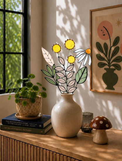 Stained Glass Wildflower Arrangement | Yellow Billy Buttons & White Coneflower