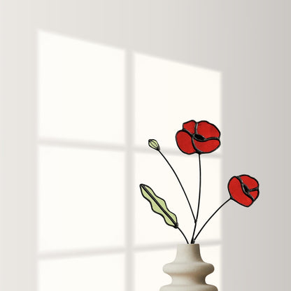 Red Poppy Stained Glass Stem – Handmade Botanical Art - Samara Designs Studio