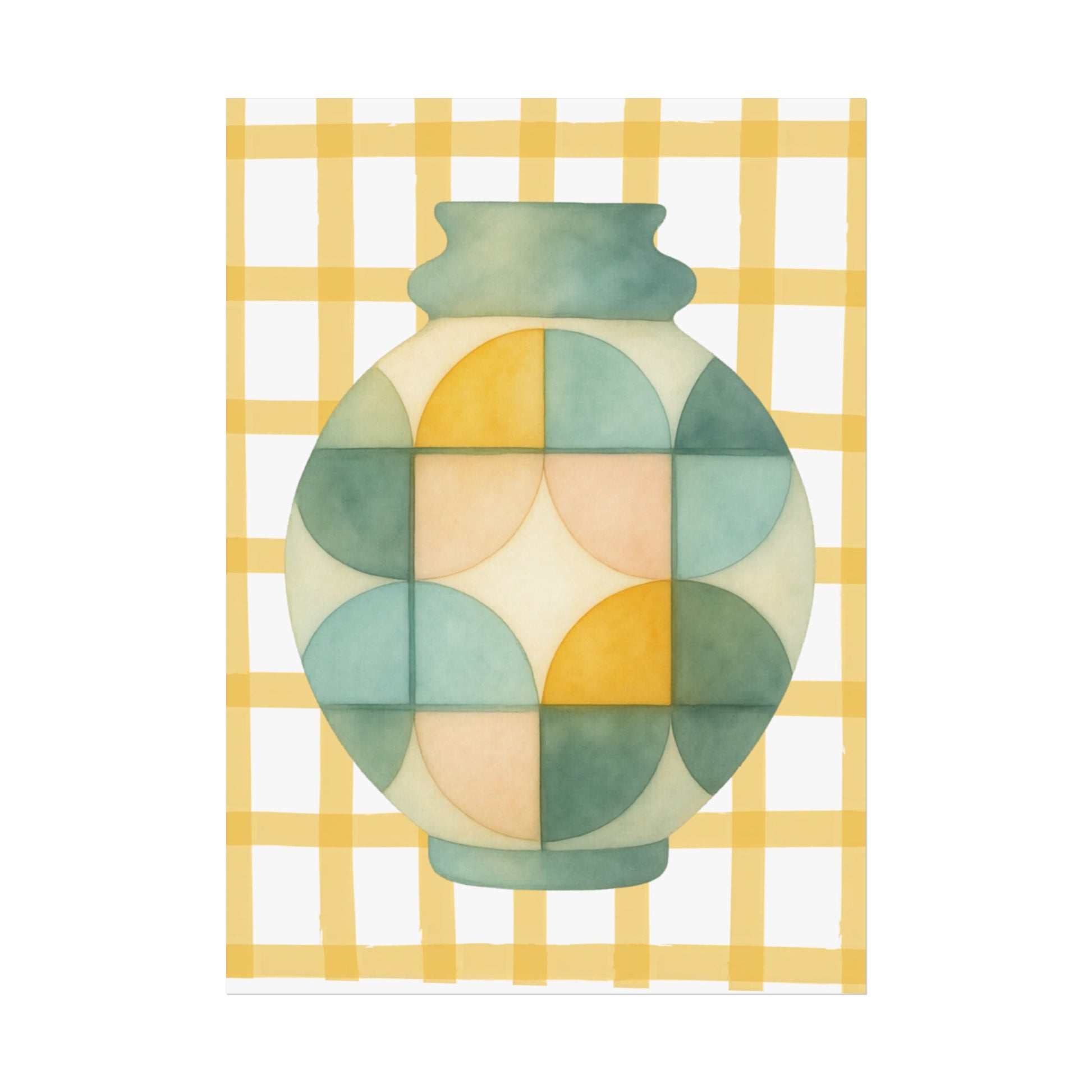 Geometrically patterned vase on a yellow checkered background