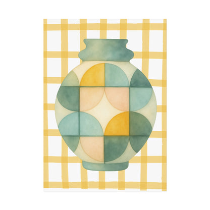 Geometrically patterned vase on a yellow checkered background
