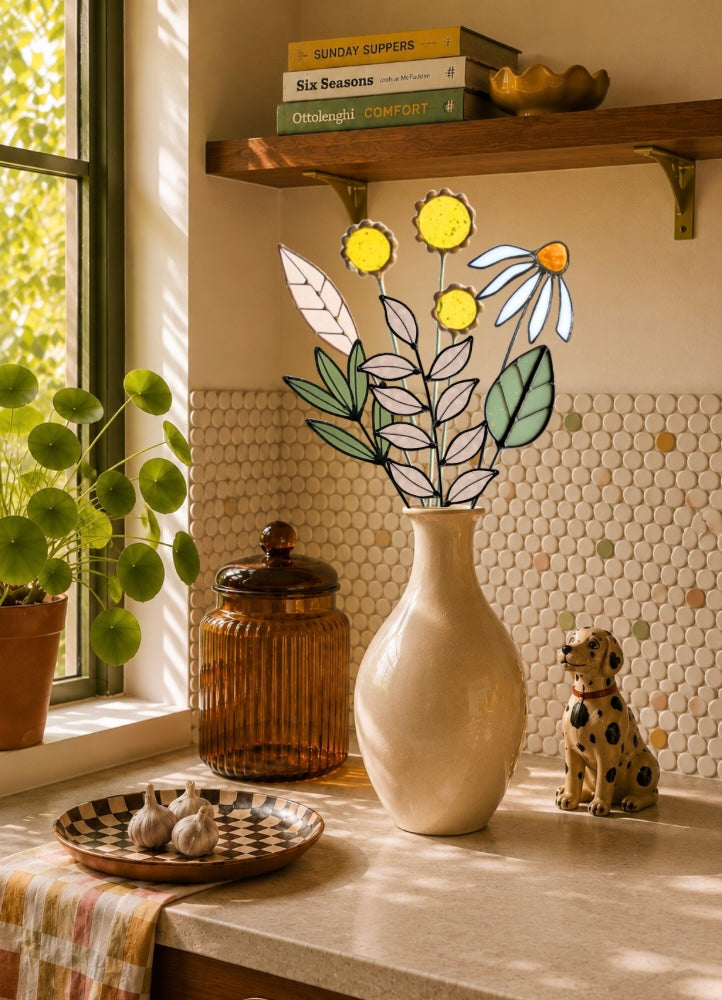 Stained Glass Wildflower Arrangement | Yellow Billy Buttons & White Coneflower