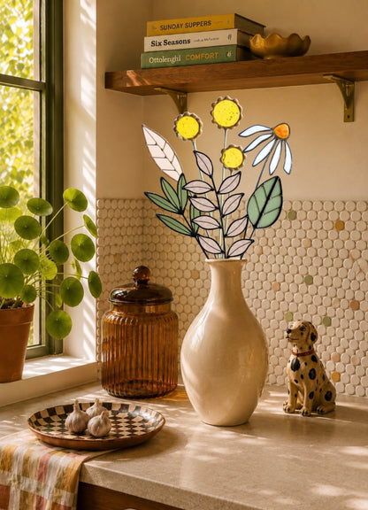 Stained Glass Wildflower Arrangement | Yellow Billy Buttons & White Coneflower