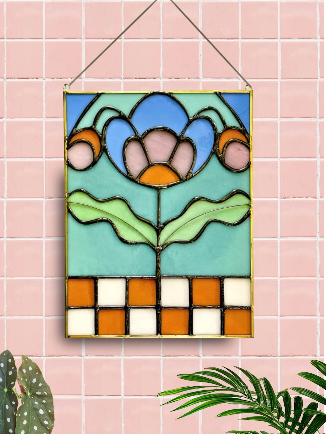 Checkered Blossom Folk Art Botanical Stained Glass Panel - Samara Designs Studio