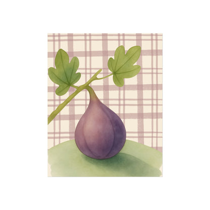 Illustration of a purple fig with green leaves on a plaid background