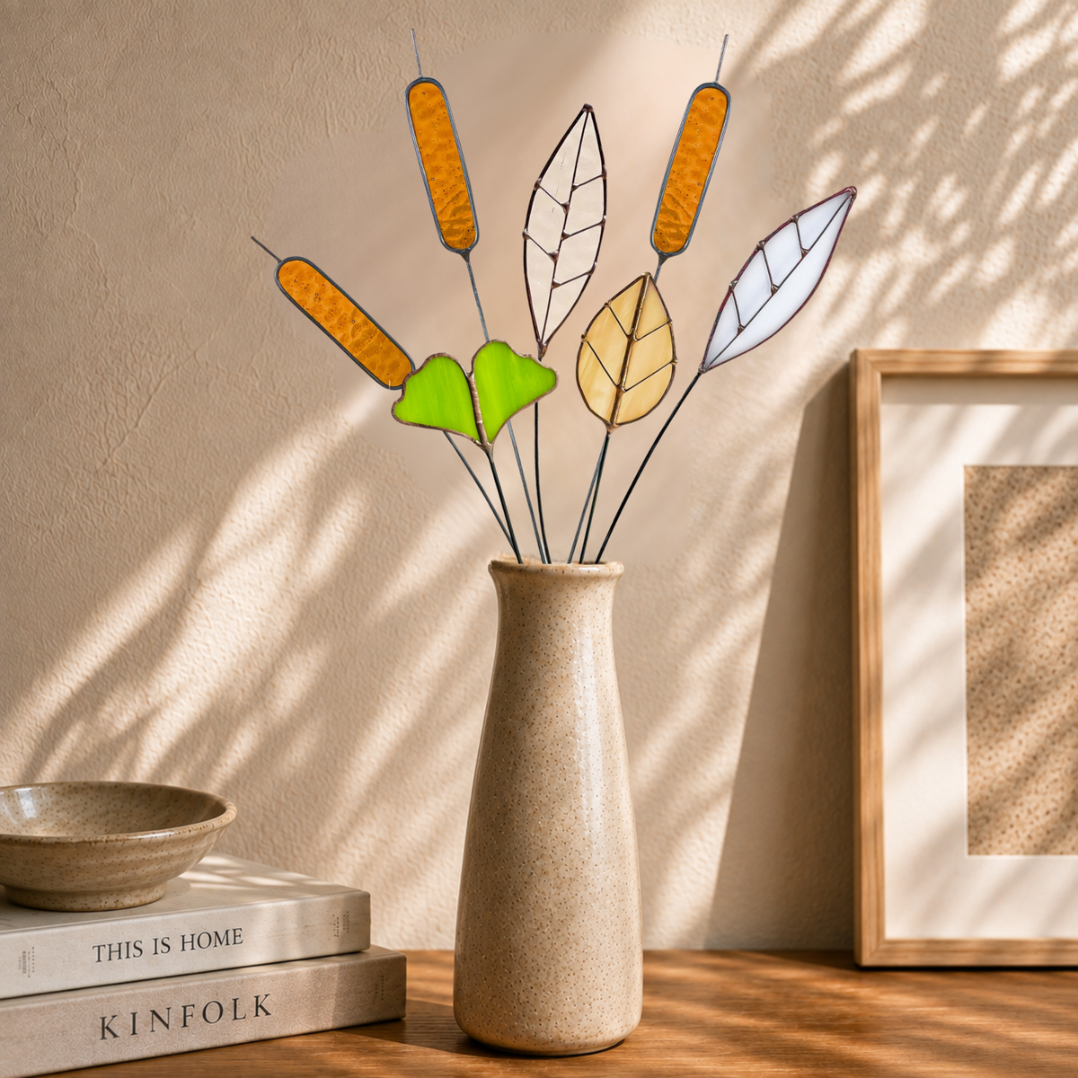 Stained Glass Botanical Bouquet | Amber Cattails & Ginkgo Leaves