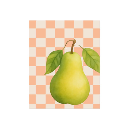 Watercolor pear illustration with green leaves on a peach gingham background, framed botanical kitchen wall art