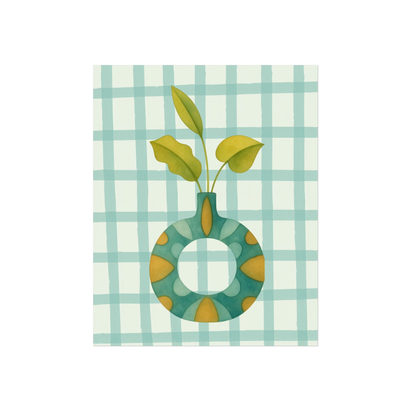 Botanical leaf illustration in a vase with a soft green gingham background, watercolor-style wall art print