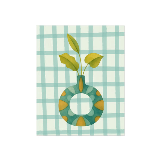 Botanical leaf illustration in a vase with a soft green gingham background, watercolor-style wall art print