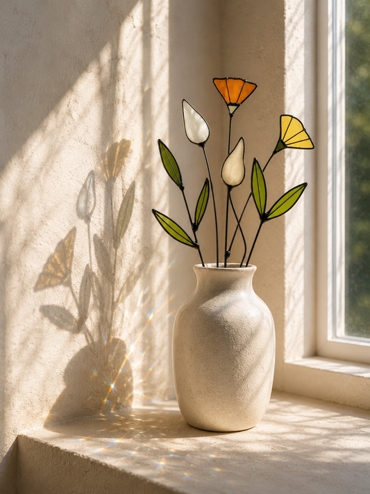 Handmade Stained Glass Wildflower Arrangement –Yellow & Olive Green - Samara Designs Studio