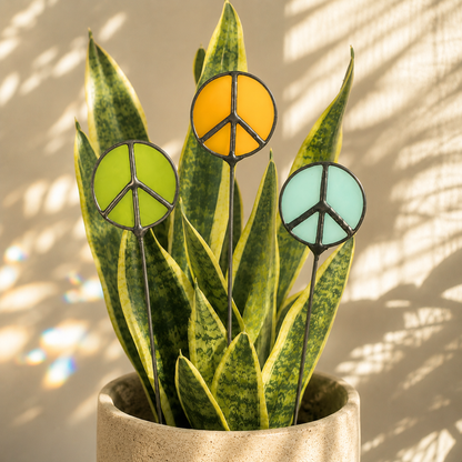Glass Peace Sign Plant Stakes – Handmade Stained Glass Garden Decor - Samara Designs Studio