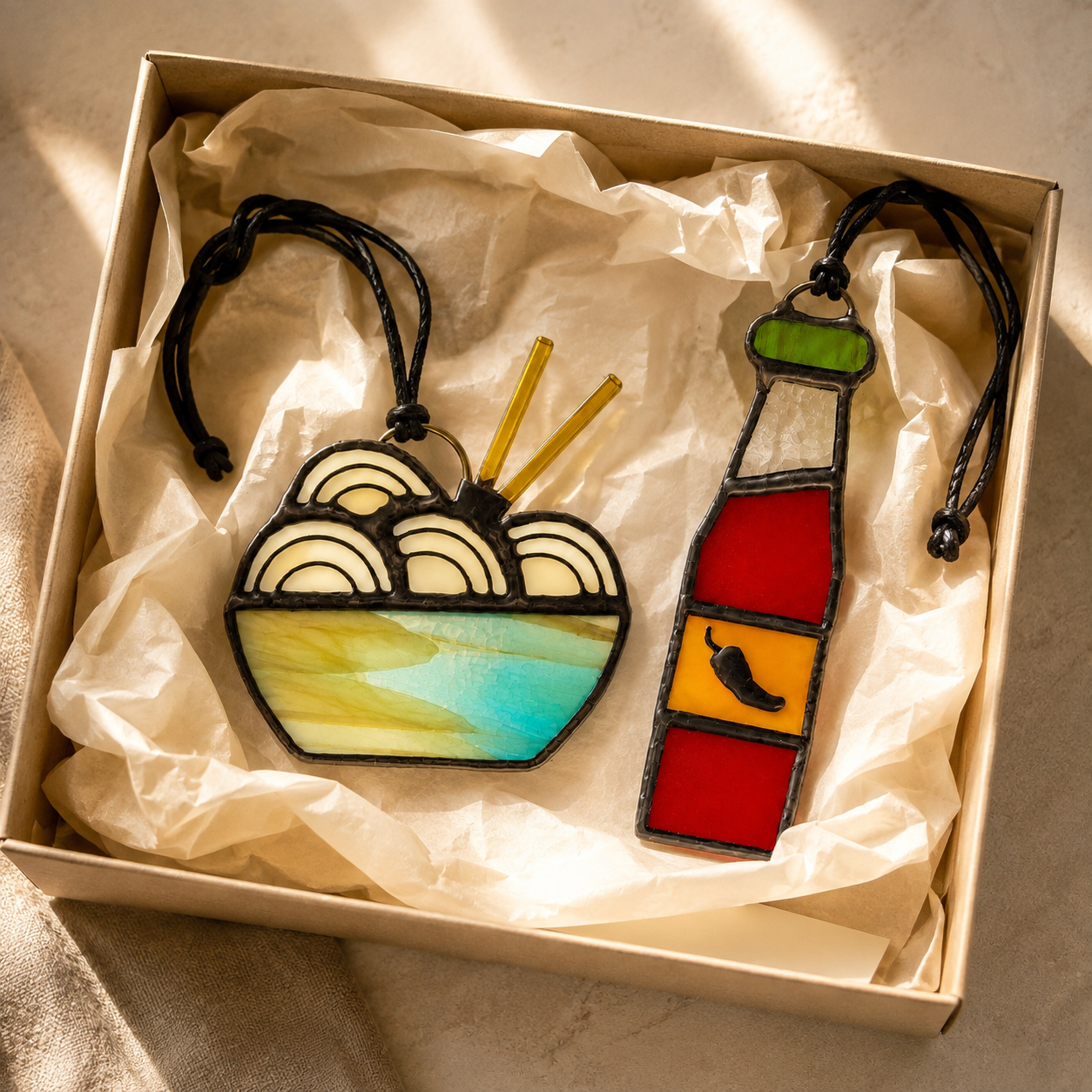 Stained Glass Ramen + Hot Sauce Gift Set | Foodie Suncatchers & Christmas Ornaments