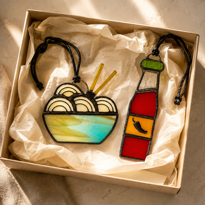 Stained Glass Ramen + Hot Sauce Gift Set | Foodie Suncatchers & Christmas Ornaments