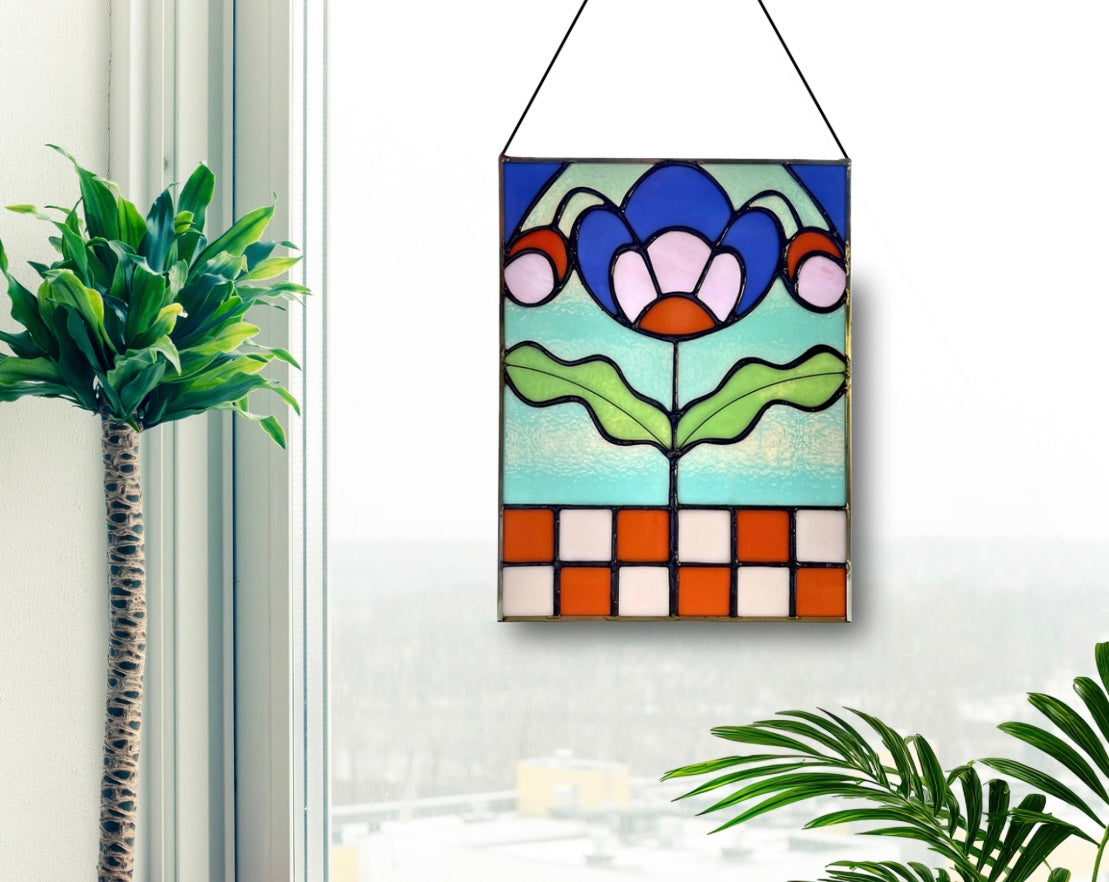 Checkered Blossom Folk Art Botanical Stained Glass Panel - Samara Designs Studio