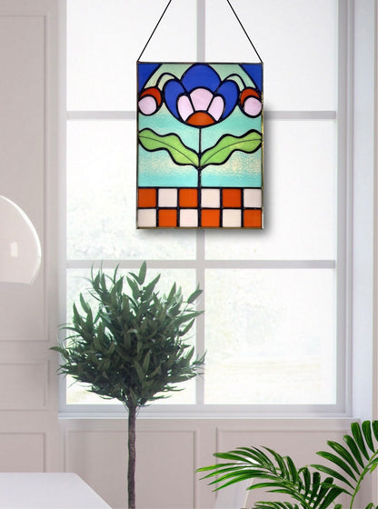 Checkered Blossom Folk Art Botanical Stained Glass Panel - Samara Designs Studio