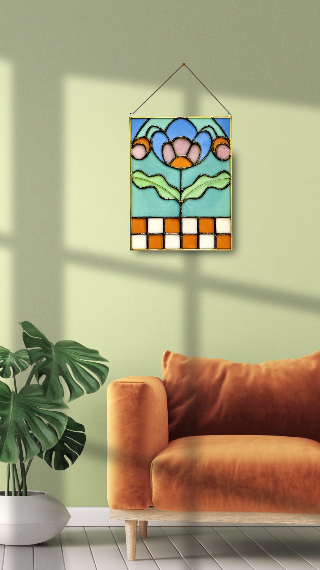 Checkered Blossom Folk Art Botanical Stained Glass Panel - Samara Designs Studio