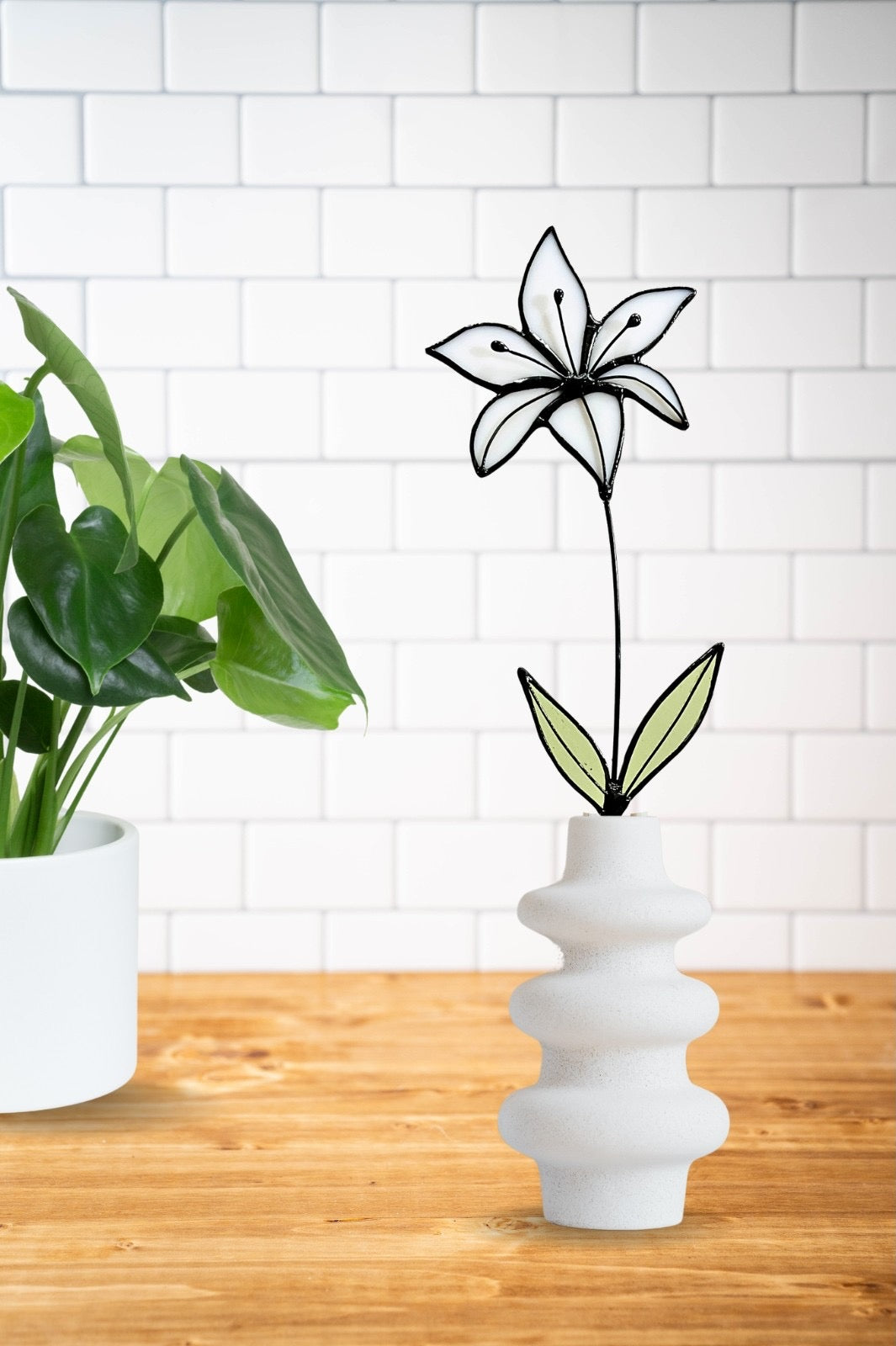 White Lily Glass Flower Stem – Handmade Minimal Botanical Art - Samara Designs Studio