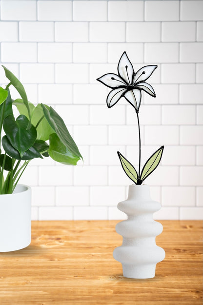 White Lily Glass Flower Stem – Handmade Minimal Botanical Art - Samara Designs Studio